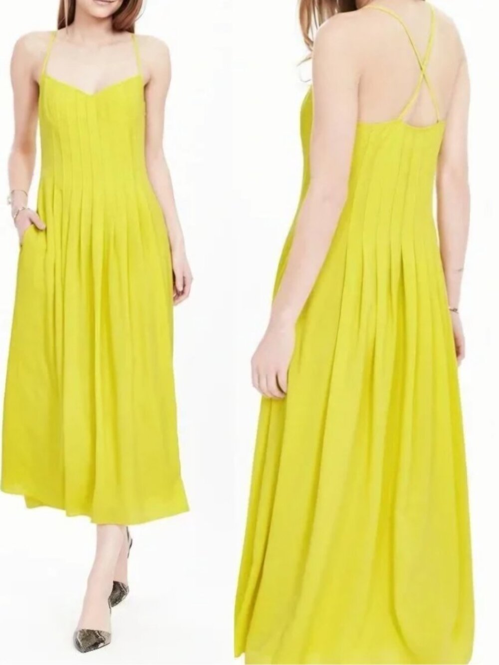Banana Republic Pleated Midi Dress Size 14 NWT Yellow Strappy Summer Dress - Picture 6 of 14